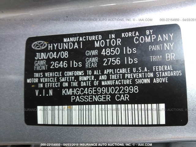 KMHGC46E99U022998 - 2009 HYUNDAI GENESIS 3.8L SILVER photo 9