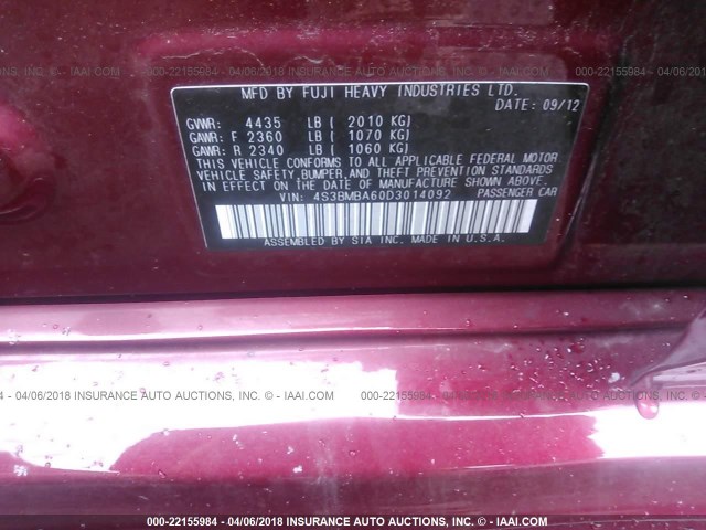 4S3BMBA60D3014092 - 2013 SUBARU LEGACY 2.5I RED photo 9