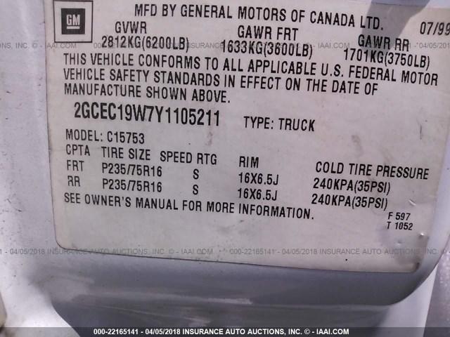 2GCEC19W7Y1105211 - 2000 CHEVROLET SILVERADO C1500 WHITE photo 9