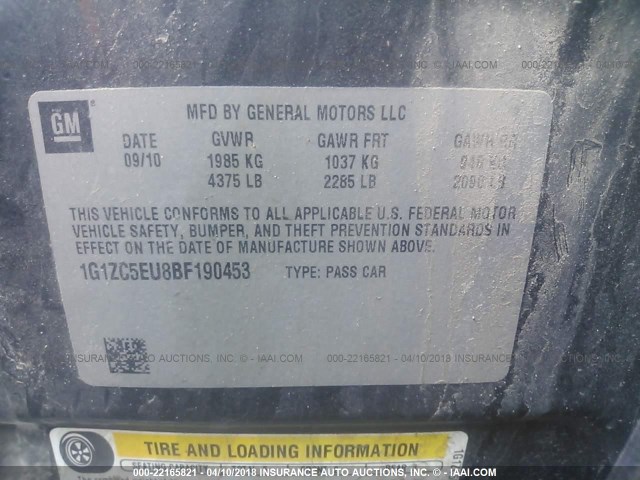 1G1ZC5EU8BF190453 - 2011 CHEVROLET MALIBU 1LT BLACK photo 9