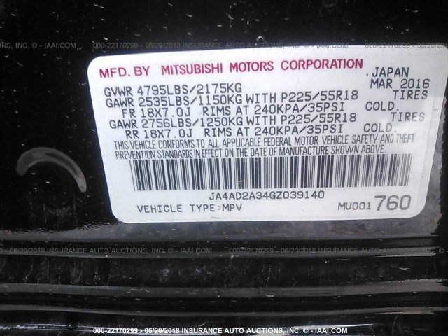 JA4AD2A34GZ039140 - 2016 MITSUBISHI OUTLANDER ES შავი ფოტო 9