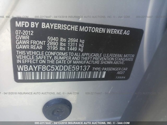 WBAYF8C5XDDE59137 - 2013 BMW 750 LXI SILVER photo 9