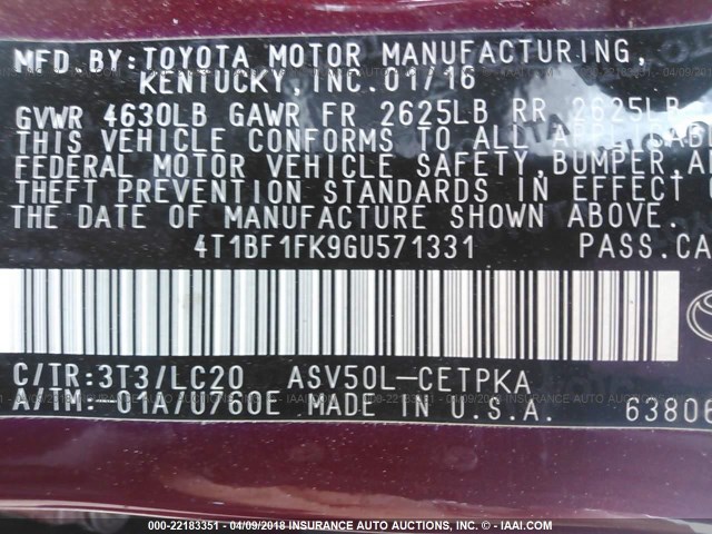 4T1BF1FK9GU571331 - 2016 TOYOTA CAMRY LE/XLE/SE/XSE MAROON photo 9