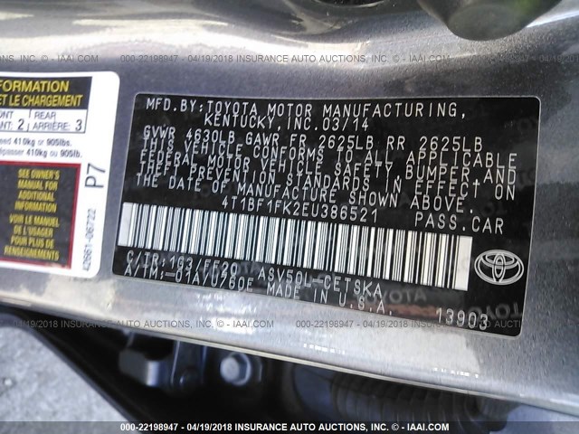 4T1BF1FK2EU386521 - 2014 TOYOTA CAMRY L/SE/LE/XLE 灰色 照片 9