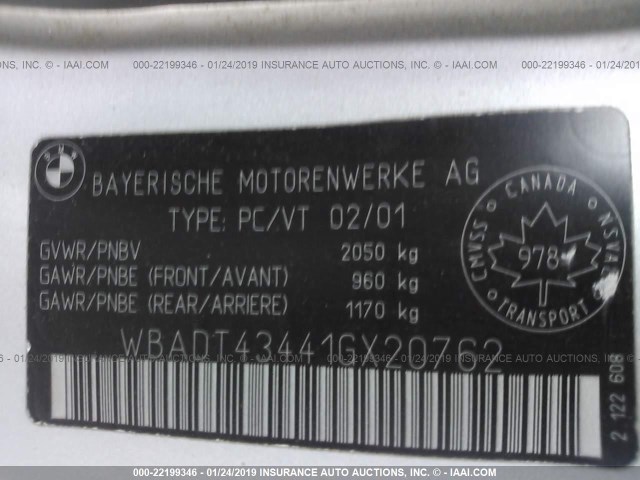 WBADT43441GX20762 - 2001 BMW 525 I AUTOMATIC SILVER photo 9