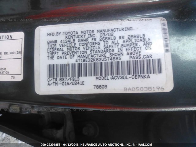 4T1BE32K82U574685 - 2002 TOYOTA CAMRY LE/XLE/SE GRAY photo 9