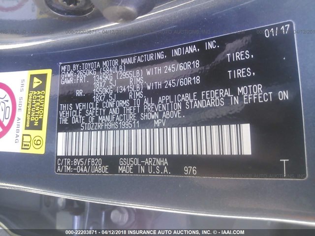 5TDZZRFH9HS199511 - 2017 TOYOTA HIGHLANDER LE/LE PLUS GRAY photo 9