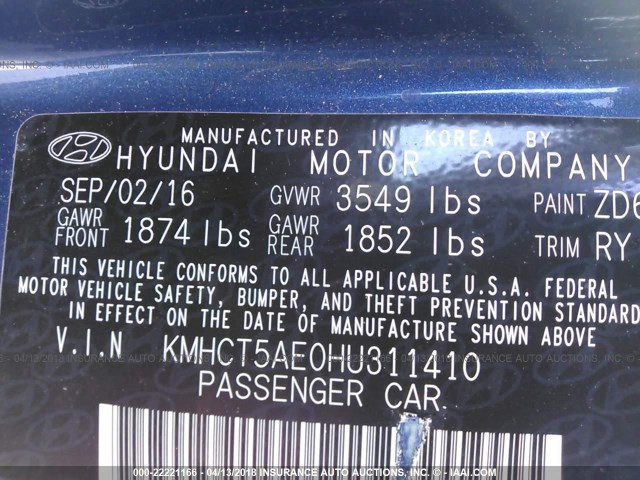 KMHCT5AE0HU311410 - 2017 HYUNDAI ACCENT SE BLUE photo 9