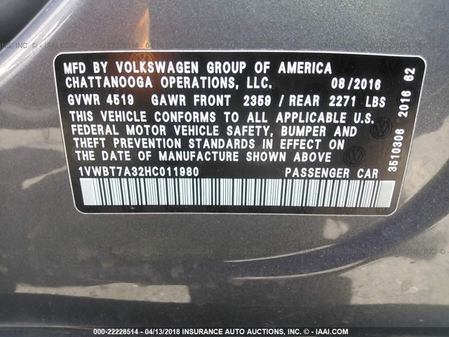 1VWBT7A32HC011980 - 2017 VOLKSWAGEN PASSAT SE GRAY photo 9