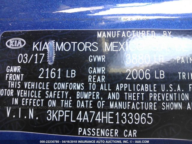 3KPFL4A74HE133965 - 2017 KIA FORTE LX/S BLUE photo 9