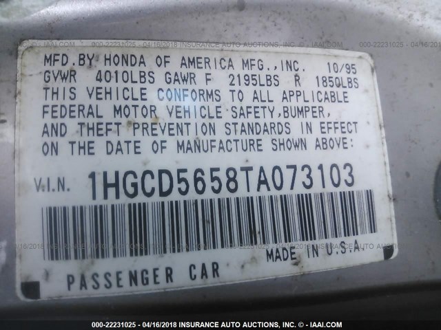 1HGCD5658TA073103 - 1996 HONDA ACCORD EX/EX-R SILVER photo 9