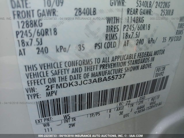 2FMDK3JC3ABA55737 - 2010 FORD EDGE SEL WHITE photo 9