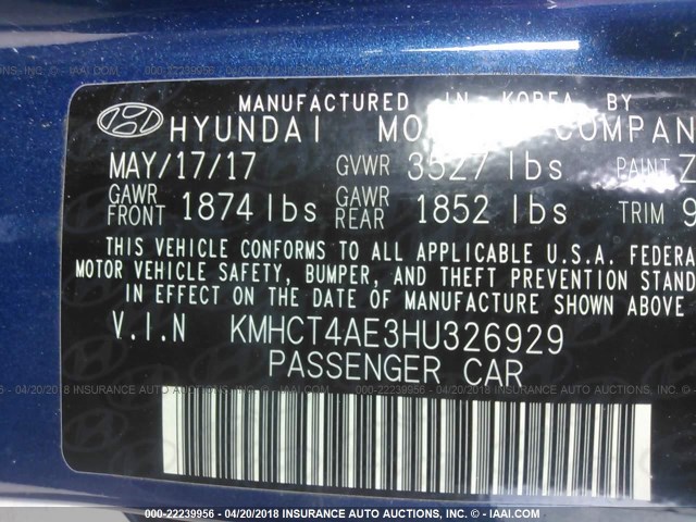 KMHCT4AE3HU326929 - 2017 HYUNDAI ACCENT SE BLUE photo 9