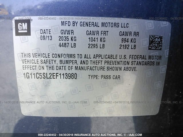 1G11C5SL2EF113980 - 2014 CHEVROLET MALIBU 1LT BLUE photo 9