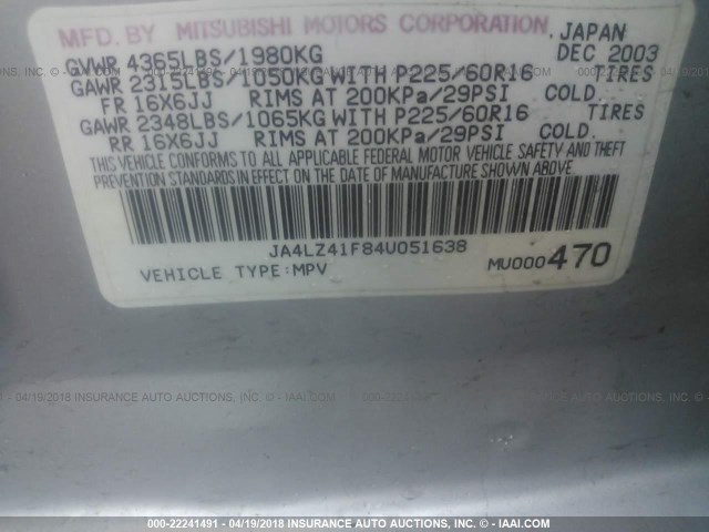 JA4LZ41F84U051638 - 2004 MITSUBISHI OUTLANDER XLS SILVER photo 9