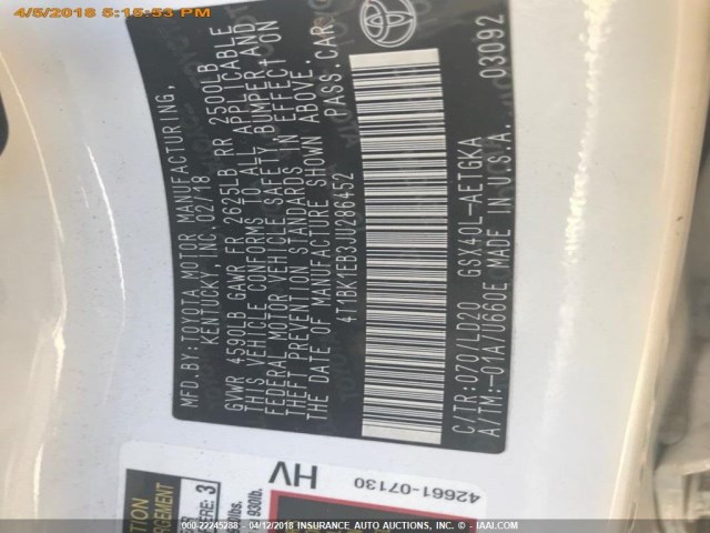 4T1BK1EB3JU286452 - 2018 TOYOTA AVALON XLE PLUS/PREMIUM/TOUR/LTD WHITE photo 15