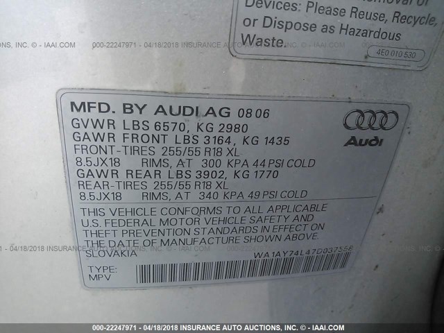 WA1AY74L47D037558 - 2007 AUDI Q7 3.6 QUATTRO SILVER photo 9