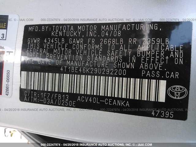 4T1BE46K29U292200 - 2009 TOYOTA CAMRY SE/LE/XLE SILVER photo 9
