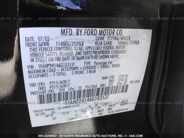 1FAHP24146G103537 - 2006 FORD FIVE HUNDRED SEL BLACK photo 9