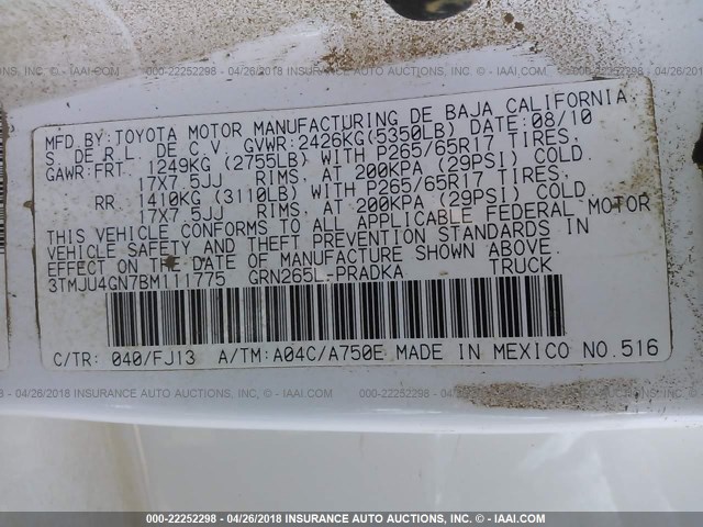 3TMJU4GN7BM111775 - 2011 TOYOTA TACOMA DOUBLE CAB PRERUNNER WHITE photo 9