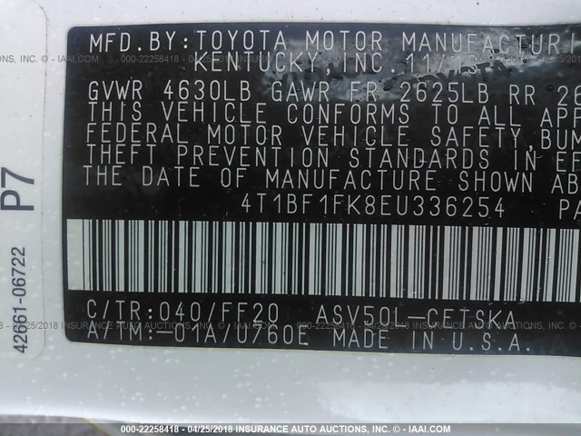 4T1BF1FK8EU336254 - 2014 TOYOTA CAMRY L/SE/LE/XLE 白色 照片 9