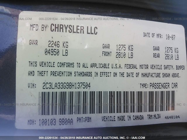 2C3LA33G98H137504 - 2008 CHRYSLER 300 LIMITED GRAY photo 9