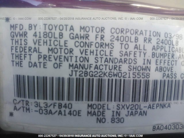 JT2BG22K6W0215558 - 1998 TOYOTA CAMRY CE/LE/XLE MAROON photo 9