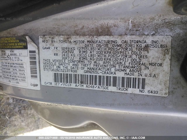 5TETU62N15Z137498 - 2005 TOYOTA TACOMA PRERUNNER ACCESS CAB SILVER photo 9