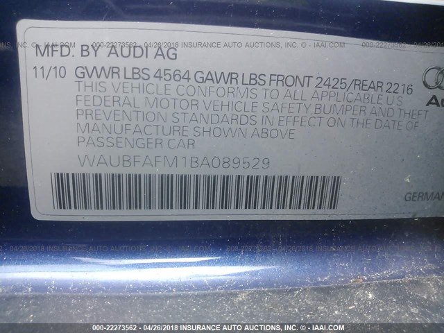 WAUBFAFM1BA089529 - 2011 AUDI A3 BLUE photo 9