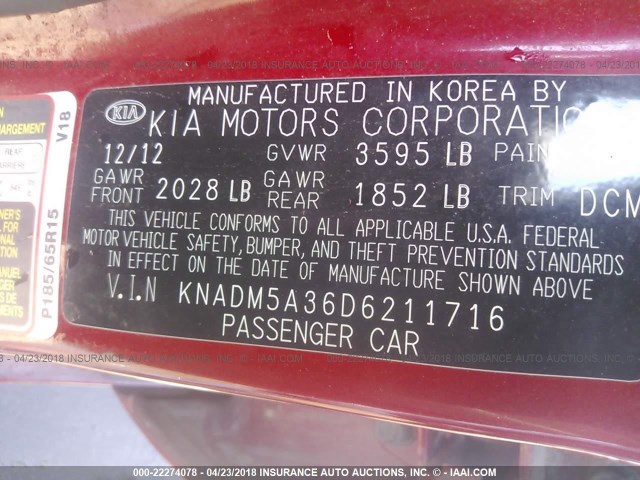 KNADM5A36D6211716 - 2013 KIA RIO LX RED photo 9