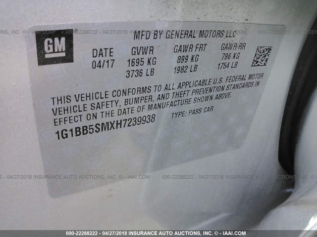 1G1BB5SMXH7239938 - 2017 CHEVROLET CRUZE LS SILVER photo 9