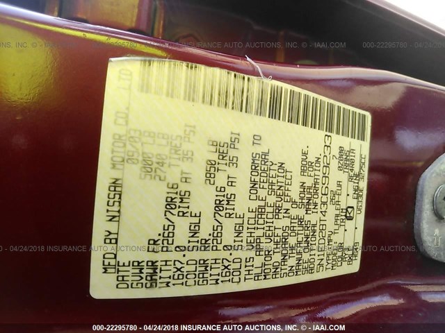 5N1ED28T43C699233 - 2003 NISSAN XTERRA XE/SE RED photo 9