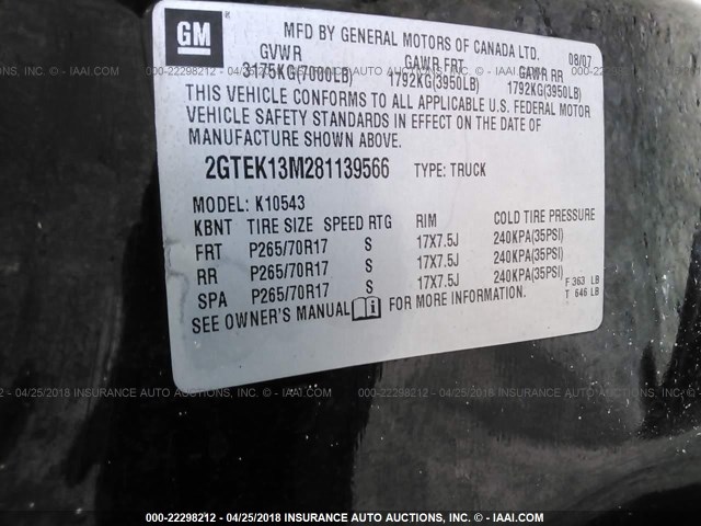 2GTEK13M281139566 - 2008 GMC SIERRA K1500 BLACK photo 9