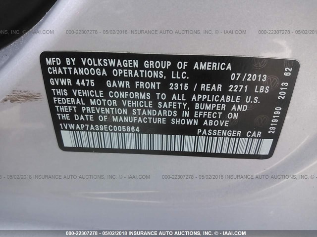 1VWAP7A39EC005864 - 2014 VOLKSWAGEN PASSAT S SILVER photo 9