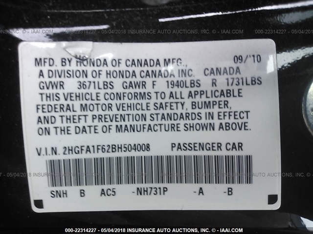 2HGFA1F62BH504008 - 2011 HONDA CIVIC LX-S Qara foto 9