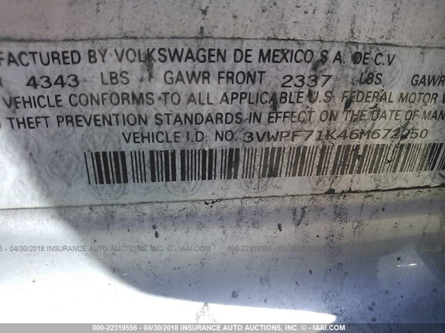 3VWPF71K46M672250 - 2006 VOLKSWAGEN JETTA VALUE SILVER photo 9