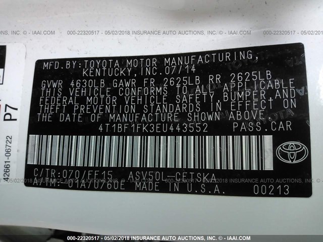 4T1BF1FK3EU443552 - 2014 TOYOTA CAMRY L/SE/LE/XLE Ağ foto 9