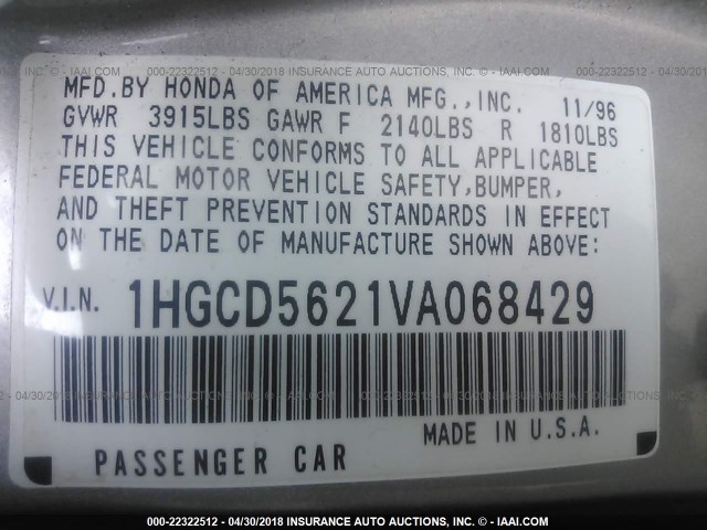 1HGCD5621VA068429 - 1997 HONDA ACCORD DX SILVER photo 9