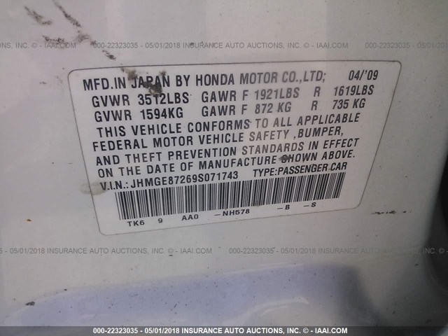 JHMGE87269S071743 - 2009 HONDA FIT WHITE photo 9