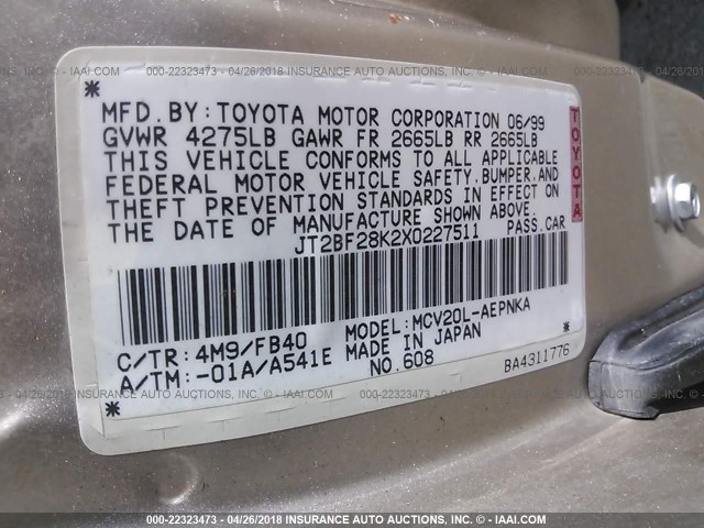 JT2BF28K2X0227511 - 1999 TOYOTA CAMRY LE/XLE 金色 照片 9