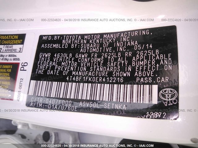 4T4BF1FK0ER412216 - 2014 TOYOTA CAMRY L/SE/LE/XLE 白色 照片 9