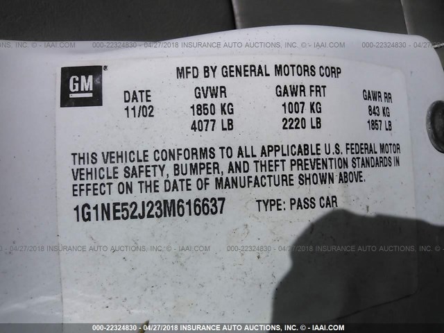 1G1NE52J23M616637 - 2003 CHEVROLET MALIBU LS WHITE photo 9