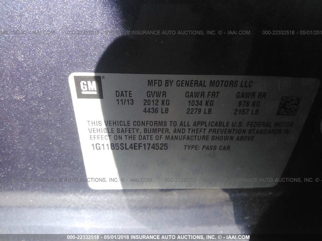 1G11B5SL4EF174525 - 2014 CHEVROLET MALIBU LS BLUE photo 9