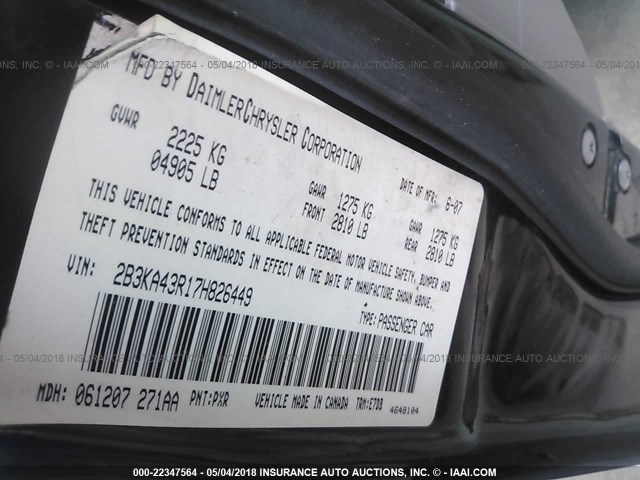 2B3KA43R17H826449 - 2007 DODGE CHARGER SE/SXT BLACK photo 9