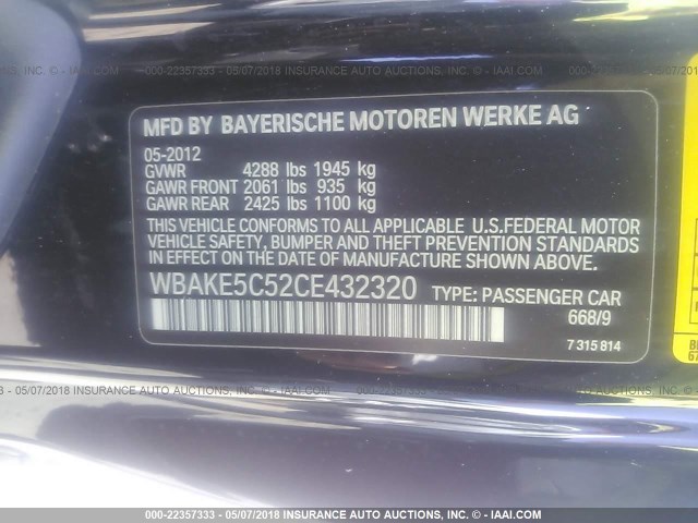WBAKE5C52CE432320 - 2012 BMW 328 I SULEV BLACK photo 9