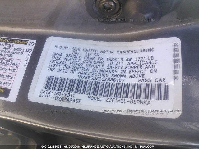 1NXBR32E66Z636167 - 2006 TOYOTA COROLLA CE/LE/S GRAY photo 9