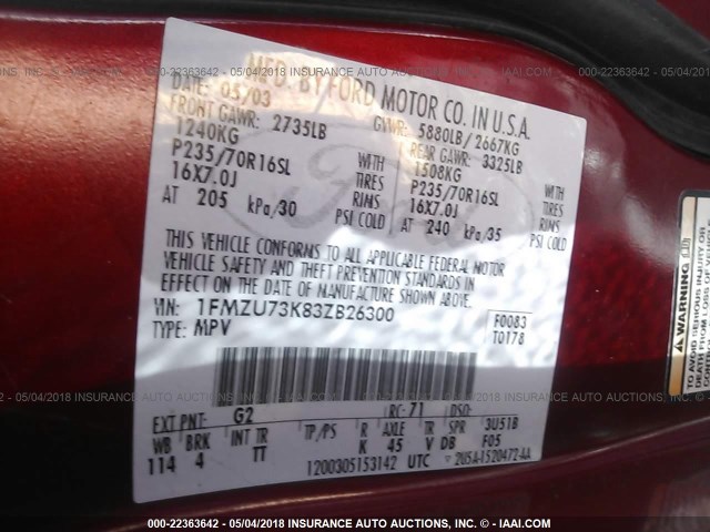 1FMZU73K83ZB26300 - 2003 FORD EXPLORER XLT/XLT SPORT/NBX 红色 照片 9