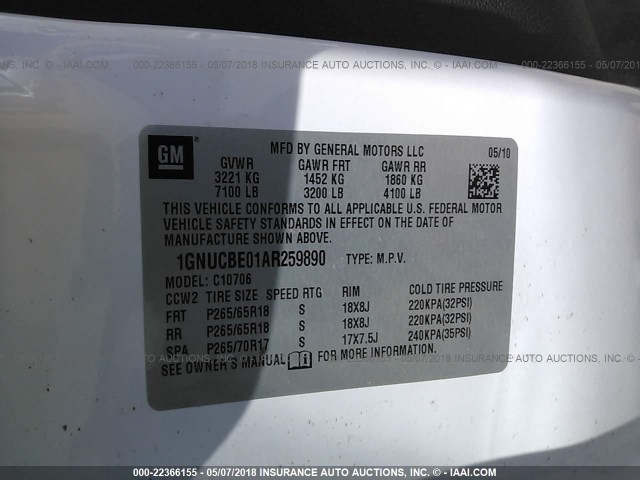 1GNUCBE01AR259890 - 2010 CHEVROLET TAHOE C1500 LT WHITE photo 9