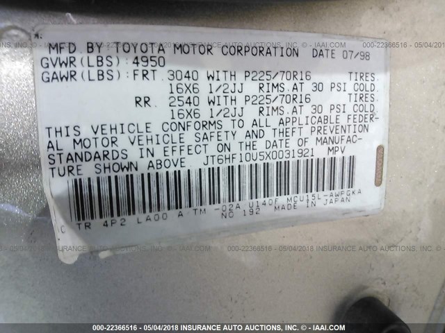 JT6HF10U5X0031921 - 1999 LEXUS RX 300 GOLD photo 9