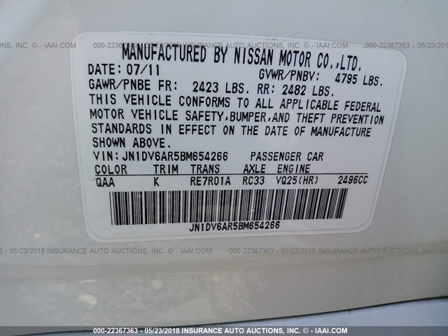 JN1DV6AR5BM654266 - 2011 INFINITI G25 WHITE photo 9